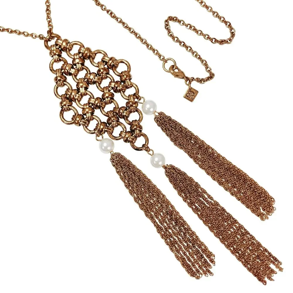 Signed Banana Republic VTG 1990s Gold Tone Pearl Tassel Pendant Necklace
